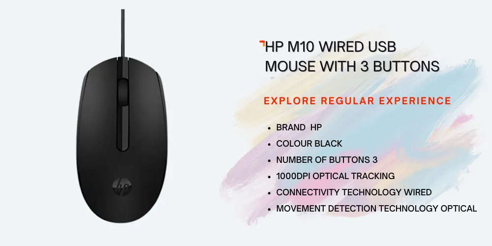 HP M10 Wired 1000DPI Optical USB Mouse with 3 Buttons 