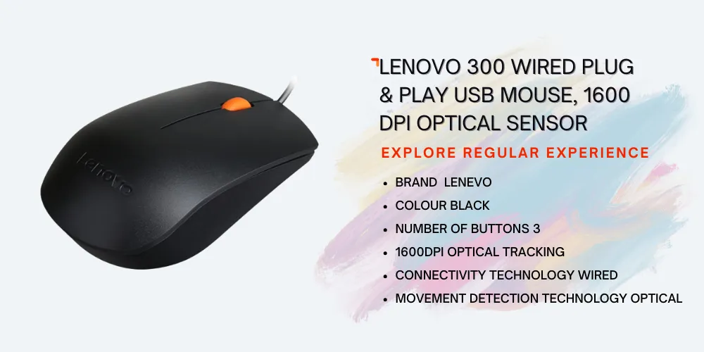 Lenovo 300 Wired Plug & Play USB Mouse, High Resolution 1600 DPI Optical Sensor